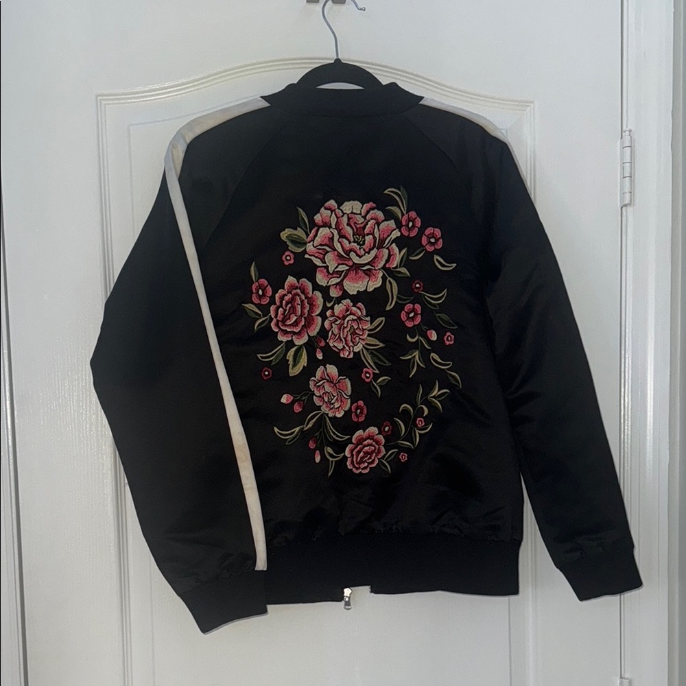 Forever 21 Black and Pink Bomber Jacket with Floral Embroidery